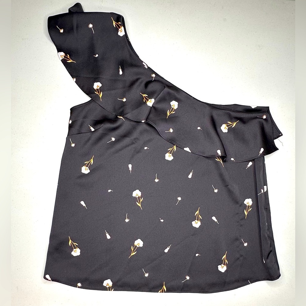 Ann Taylor One Shoulder Black Floral Top Ruffle Detail Hidden Side Zip Fairy SzL